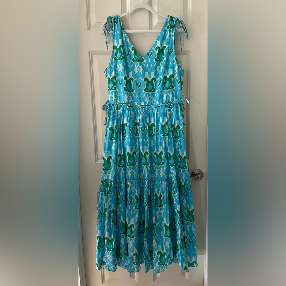 Talbots IKAT MEDALLION TIERED MAXI DRESS Sleeveless Blue, Green, White V-Neck 16